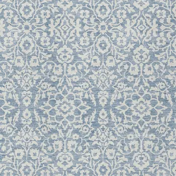 10' X 14' Denim Blue And Ivory Damask Washable Indoor Outdoor Area Rug