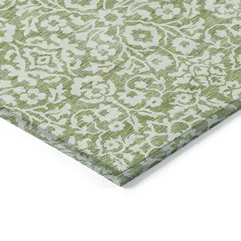 5' X 8' Green And Ivory Damask Washable Indoor Outdoor Area Rug