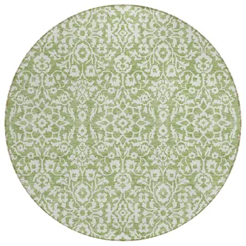 8' Green And Ivory Round Damask Washable Indoor Outdoor Area Rug