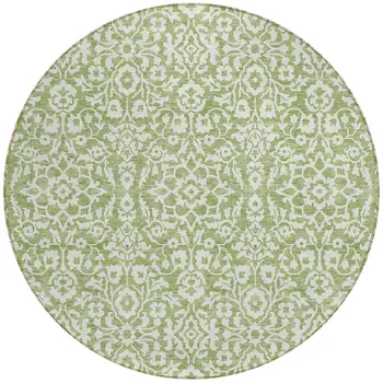 8' Green And Ivory Round Damask Washable Indoor Outdoor Area Rug