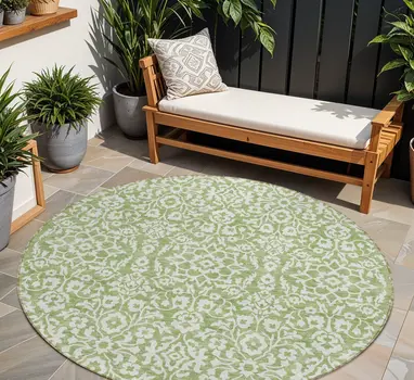 8' Green And Ivory Round Damask Washable Indoor Outdoor Area Rug