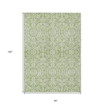 8' X 10' Green And Ivory Damask Washable Indoor Outdoor Area Rug