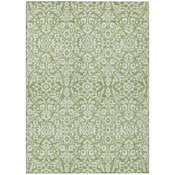 8' X 10' Green And Ivory Damask Washable Indoor Outdoor Area Rug