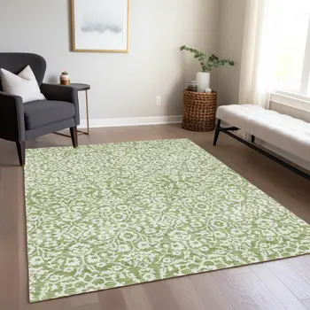 8' X 10' Green And Ivory Damask Washable Indoor Outdoor Area Rug