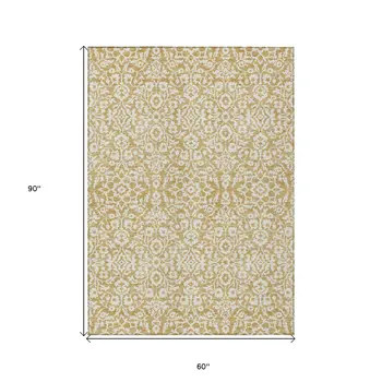 5' X 8' Gold And Beige Damask Washable Indoor Outdoor Area Rug