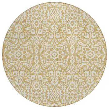 8' Gold And Beige Round Damask Washable Indoor Outdoor Area Rug