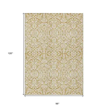 8' X 10' Gold And Beige Damask Washable Indoor Outdoor Area Rug