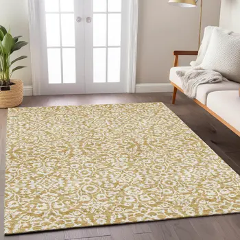 10' X 14' Gold And Beige Damask Washable Indoor Outdoor Area Rug