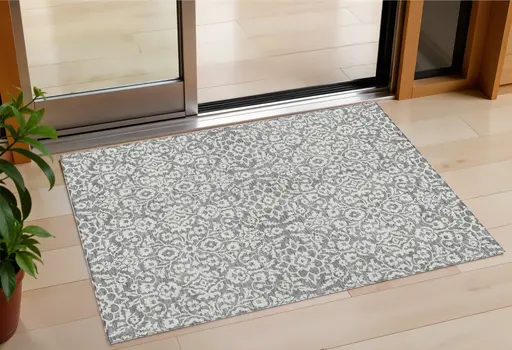 3' X 5' Gray And Ivory Damask Washable Indoor Outdoor Area Rug