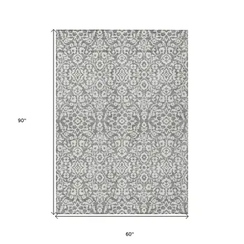 5' X 8' Gray And Ivory Damask Washable Indoor Outdoor Area Rug