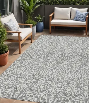 5' X 8' Gray And Ivory Damask Washable Indoor Outdoor Area Rug