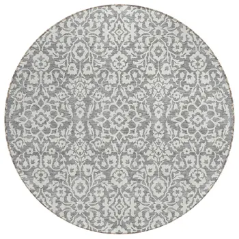 8' Gray And Ivory Round Damask Washable Indoor Outdoor Area Rug