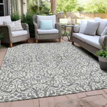 8' X 10' Gray And Ivory Damask Washable Indoor Outdoor Area Rug