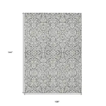 9' X 12' Gray And Ivory Damask Washable Indoor Outdoor Area Rug