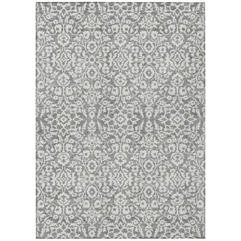 9' X 12' Gray And Ivory Damask Washable Indoor Outdoor Area Rug