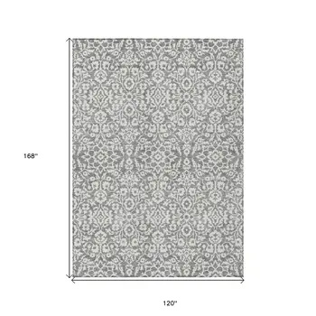 10' X 14' Gray And Ivory Damask Washable Indoor Outdoor Area Rug