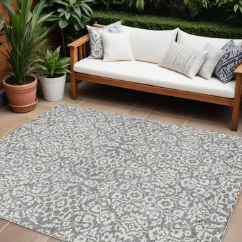10' X 14' Gray And Ivory Damask Washable Indoor Outdoor Area Rug