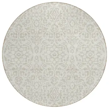 8' Ivory And Beige Round Damask Washable Indoor Outdoor Area Rug