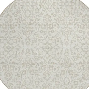 8' Ivory And Beige Round Damask Washable Indoor Outdoor Area Rug