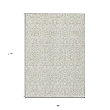 8' X 10' Ivory And Beige Damask Washable Indoor Outdoor Area Rug