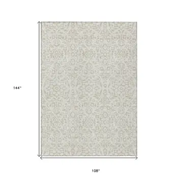 9' X 12' Ivory And Beige Damask Washable Indoor Outdoor Area Rug