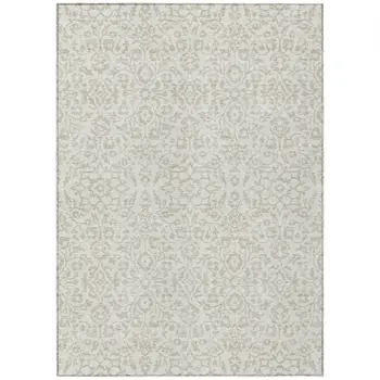 9' X 12' Ivory And Beige Damask Washable Indoor Outdoor Area Rug