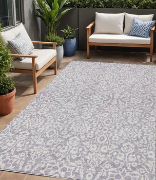 5' X 8' Lavender And Ivory Damask Washable Indoor Outdoor Area Rug