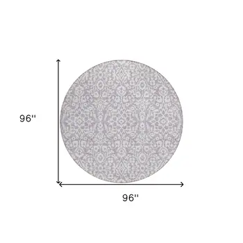 8' Lavender And Ivory Round Damask Washable Indoor Outdoor Area Rug