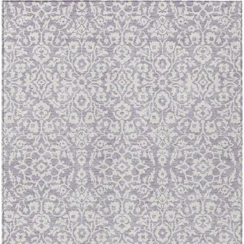 9' X 12' Lavender And Ivory Damask Washable Indoor Outdoor Area Rug