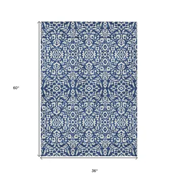 3' X 5' Navy Blue And Ivory Damask Washable Indoor Outdoor Area Rug