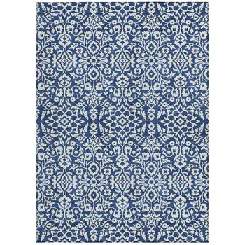 3' X 5' Navy Blue And Ivory Damask Washable Indoor Outdoor Area Rug