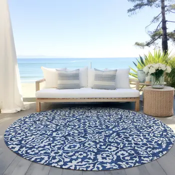 8' Navy Blue And Ivory Round Damask Washable Indoor Outdoor Area Rug