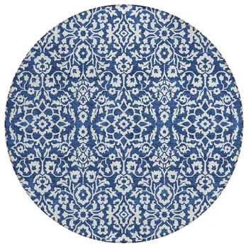 8' Navy Blue And Ivory Round Damask Washable Indoor Outdoor Area Rug
