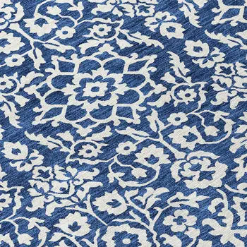 8' Navy Blue And Ivory Round Damask Washable Indoor Outdoor Area Rug