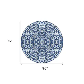 8' Navy Blue And Ivory Round Damask Washable Indoor Outdoor Area Rug