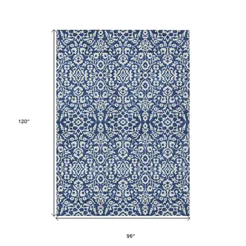 8' X 10' Navy Blue And Ivory Damask Washable Indoor Outdoor Area Rug