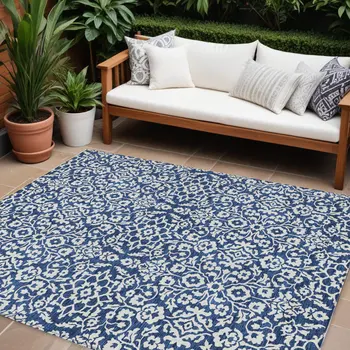 8' X 10' Navy Blue And Ivory Damask Washable Indoor Outdoor Area Rug