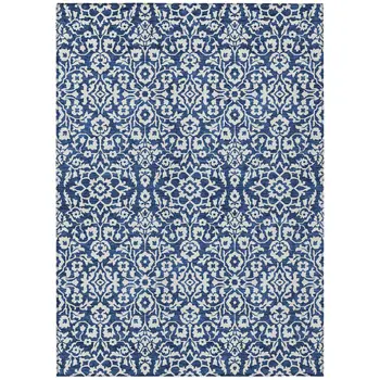 8' X 10' Navy Blue And Ivory Damask Washable Indoor Outdoor Area Rug