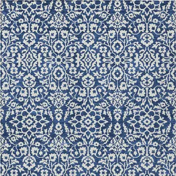 8' X 10' Navy Blue And Ivory Damask Washable Indoor Outdoor Area Rug