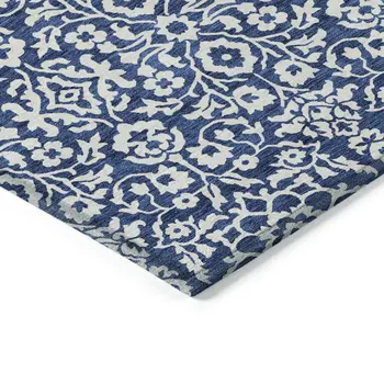 8' X 10' Navy Blue And Ivory Damask Washable Indoor Outdoor Area Rug