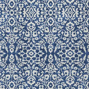 10' X 14' Navy Blue And Ivory Damask Washable Indoor Outdoor Area Rug
