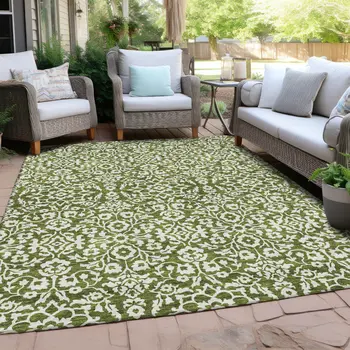 3' X 5' Olive Green And Ivory Damask Washable Indoor Outdoor Area Rug