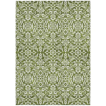 5' X 8' Olive Green And Ivory Damask Washable Indoor Outdoor Area Rug