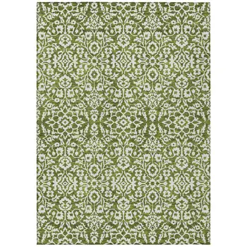 5' X 8' Olive Green And Ivory Damask Washable Indoor Outdoor Area Rug