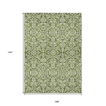 9' X 12' Olive Green And Ivory Damask Washable Indoor Outdoor Area Rug
