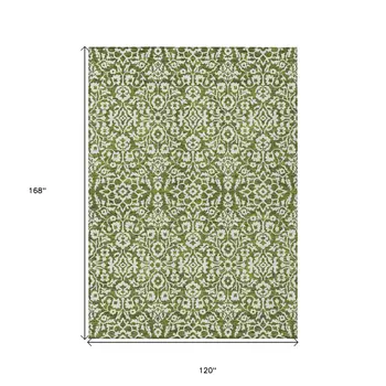 10' X 14' Olive Green And Ivory Damask Washable Indoor Outdoor Area Rug