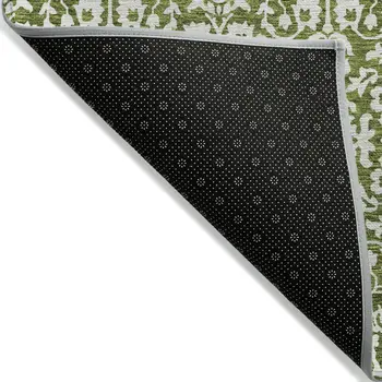 10' X 14' Olive Green And Ivory Damask Washable Indoor Outdoor Area Rug