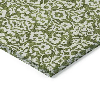 10' X 14' Olive Green And Ivory Damask Washable Indoor Outdoor Area Rug