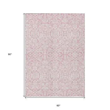 5' X 8' Pink And Ivory Damask Washable Indoor Outdoor Area Rug