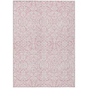5' X 8' Pink And Ivory Damask Washable Indoor Outdoor Area Rug